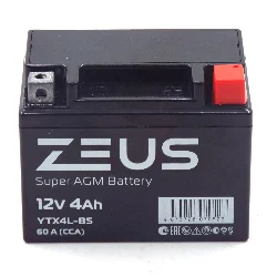 Аккумулятор ZEUS SUPER AGM 4 Ач о.п. (YTX4L-BS) Фото 1
