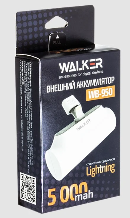 ЗУ Power Bank Walker WB-950 Mini, 5000 mAh, Li-Pol, 2.1A вх/вых, Lightning, индик, подставка, белое