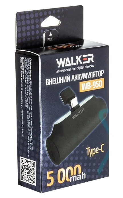 ЗУ Power Bank Walker WB-950 Mini, 5000 mAh, Li-Pol, 2.1A вх/вых, Type-С, индик, подставка, черное